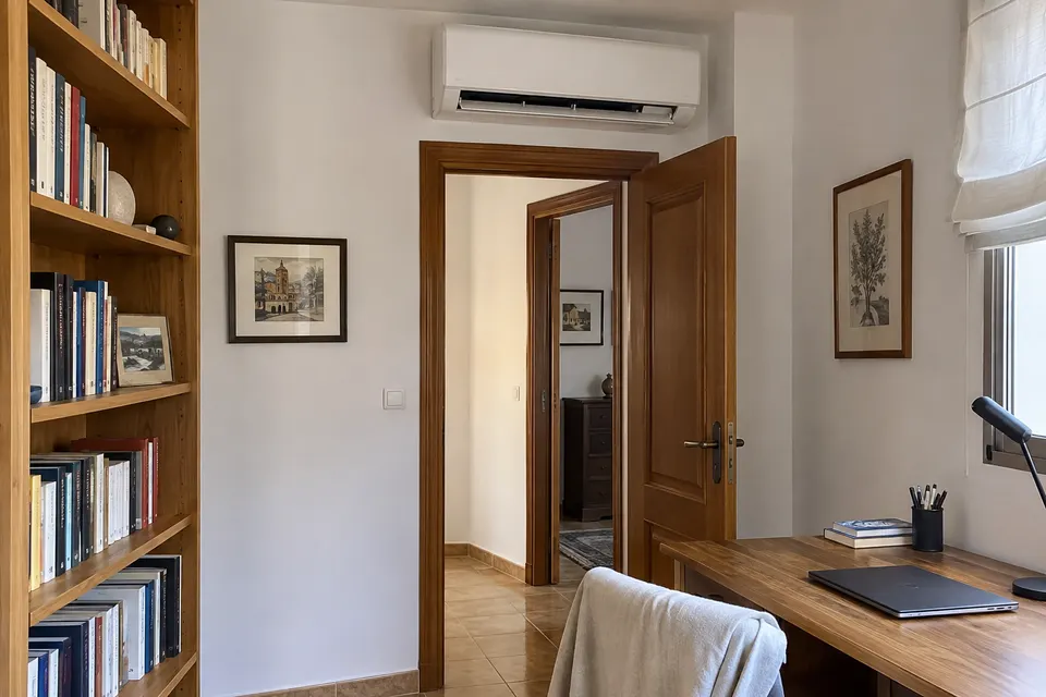 Split de aire acondicionado sobre la puerta de una habitación con escritorio